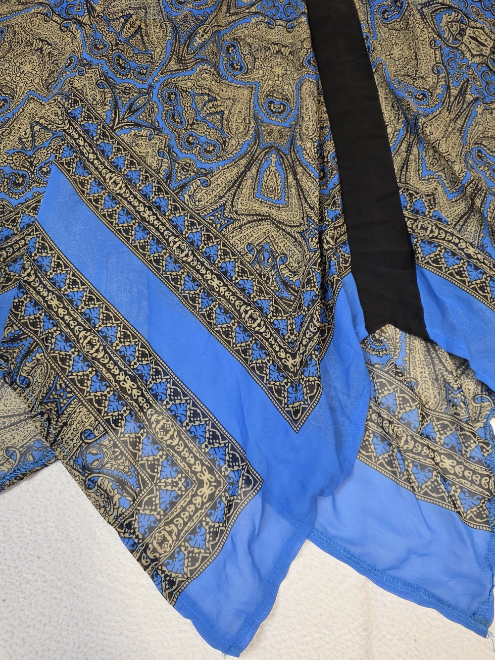 Ashley Stewart Blue and Gold Paisley Asymmetrical Handkerchief Hem Dress - Picture 3 of 13